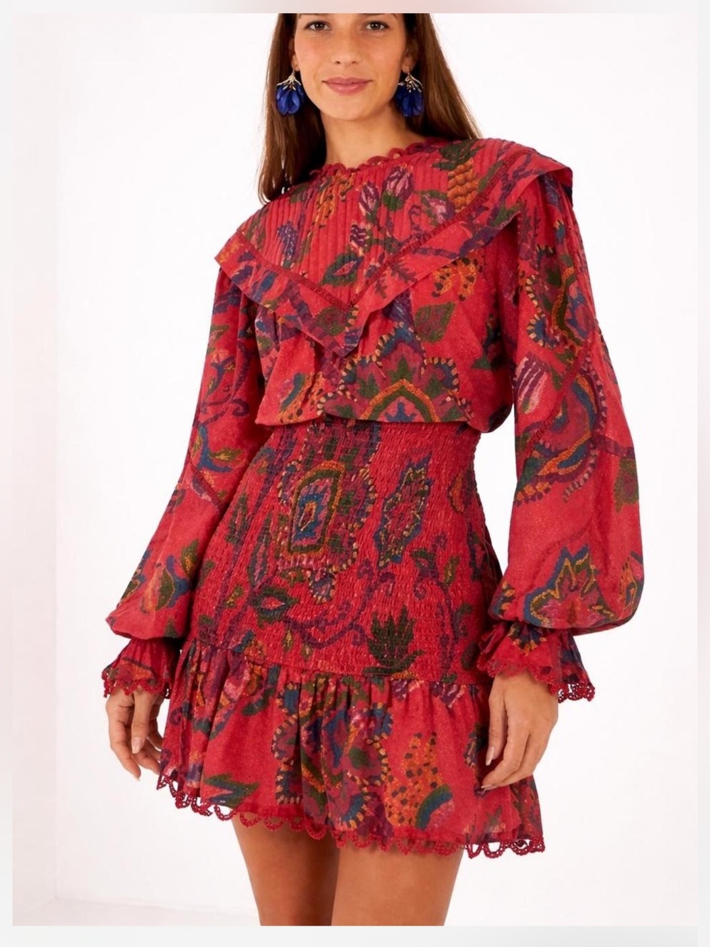 FARM Rio NWT Red Sunset Tapestry Brush Paisley Ruffle Mini Dress